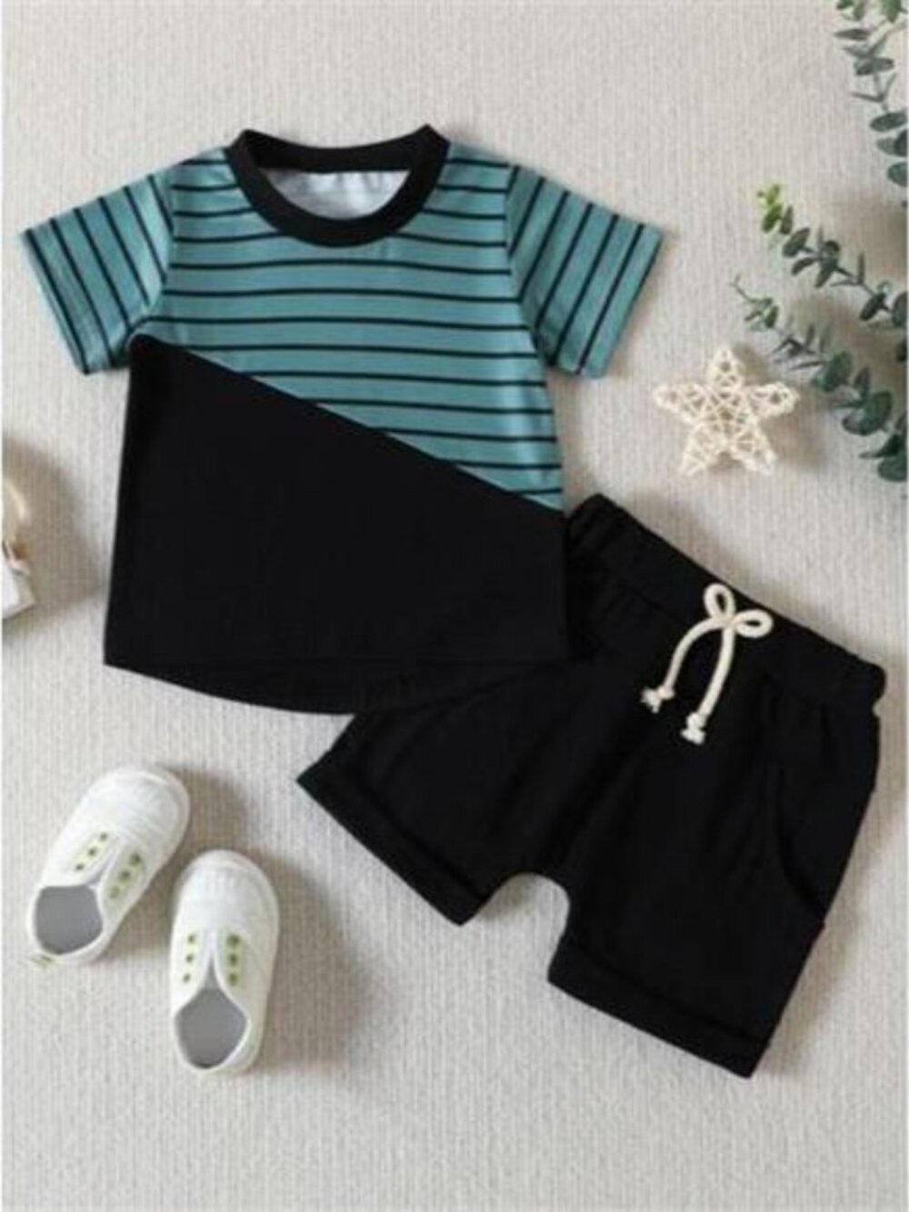 Children's Striped Color Block Casual Top and Shorts Set